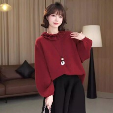 批发法式荷叶花边设计感羊绒<b class='q'>毛衣</b>2025冬季时尚百搭纯色减龄长袖针织衫