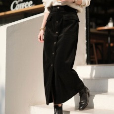 批发黑色灯芯绒半身裙女2025年秋冬新款复古高腰显瘦中<b class='q'>长款</b>直筒包臀裙