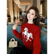 韩系氛围感小马图案软糯套头毛衣女2025秋冬新款圣诞红色针织上衣