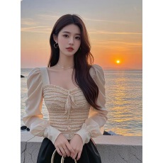 批发法式方领上衣2025新款女秋气质名媛温柔修身系带设计褶皱百搭衬衣