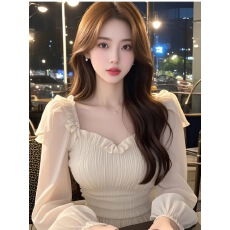 批发纯欲风杏色方领荷叶边长袖衬衫女早秋新款小个子修身显瘦短款上衣