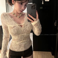 批发纯欲辣妹V领<b class='q'>长袖</b>蕾丝衫女2025冬季新款修身显瘦洋气百搭打底<b class='q'>上衣</b>