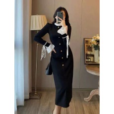 批发晚香夜宴撞色拼接花瓣领连衣裙假两件喇叭袖系带收腰<b class='q'>显瘦</b>包臀裙女