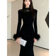 批发法式鱼尾长裙秋冬收腰显瘦高级感烫钻半高领网纱毛毛拼接连衣裙女