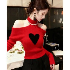 爱心露肩针织衫女装2025冬季加厚气质高级感独特别致掐腰毛衣