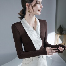 批发气质围巾领拼色上衣春秋新款内搭打底衫洋气