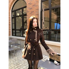 批发夹棉加厚千金氛围感系带收腰双排扣翻领毛呢大衣<b class='q'>外套</b>