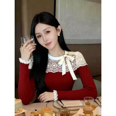 批发法式气质高级感蕾丝拼接针织衫<b class='q'>女</b>秋季新款独特漂亮时尚百搭上衣潮