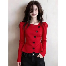 批发轻奢风红色泡泡袖排扣上衣通勤显白气质多纽扣<b class='q'>设计</b>2026春季新款女