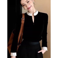 批发春装黑色丝绒衬衫女独特绝美蕾丝花边立领<b class='q'>长袖</b>高级感轻奢洋气上衣
