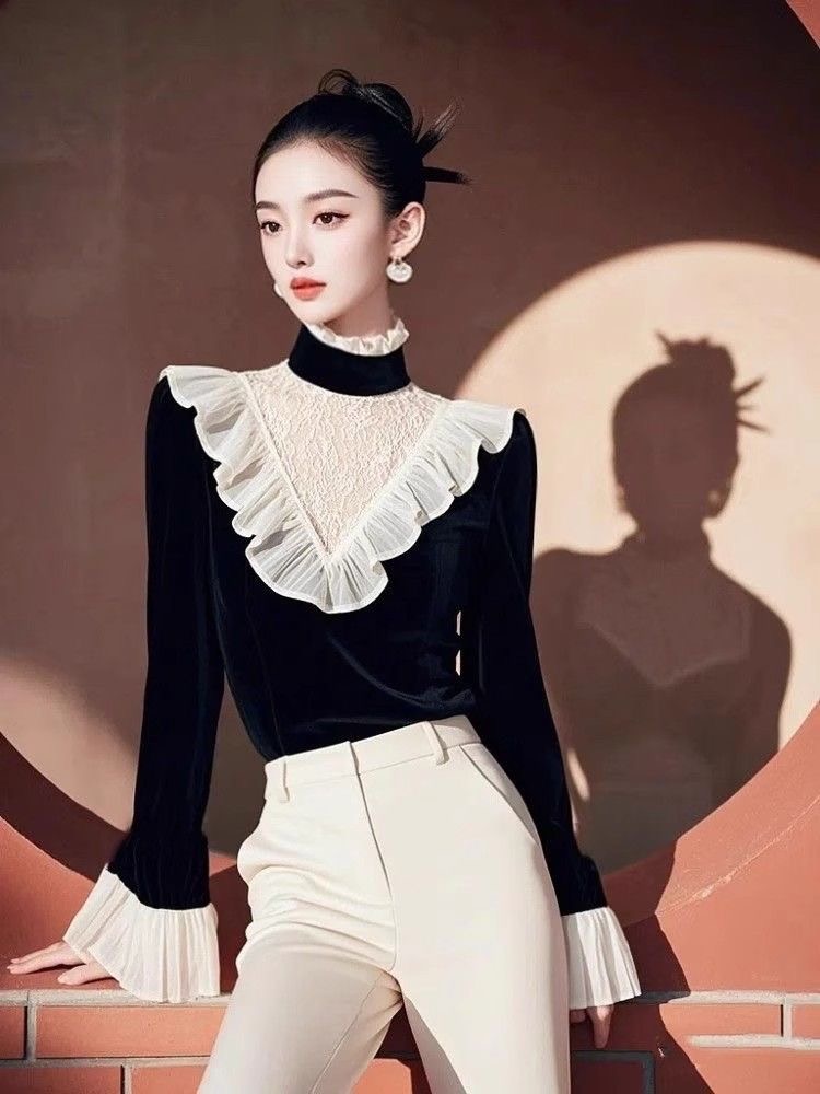 순수한 욕망 바람 궁정 바람 스탠드 칼라 레이스 망사 패치워크 프릴 거품 소매 여성 셔츠 가을 새로운 맨위