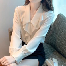 批发荷叶边V领<b class='q'>雪纺</b>衫女秋装2026年秋季新款法式气质小衫<b class='q'>长袖</b><b class='q'>衬衫</b>上衣