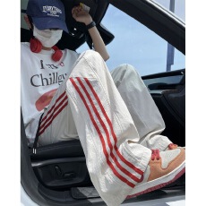 批发速干潮白色直筒<b class='q'>夏季</b>薄款美式三条运动<b class='q'>裤</b>青少年宽松阔腿休闲长<b class='q'>裤</b>
