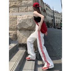 批发美式高街三条杠辣妹休闲<b class='q'>裤</b>女潮流直筒阔腿宽松显瘦高腰白色运动<b class='q'>裤</b>