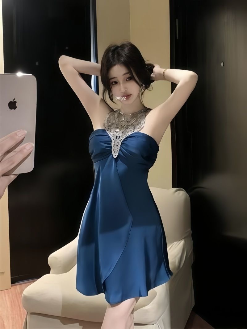 순수한 욕망 바람 섹시함 새틴 행침 목 여성 드레스 디자인 센스 몸매 가꾸기 슬림해 보이는 튜브탑 슬립 드레스