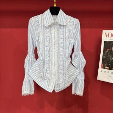 批发韩版设计感蕾丝花边拼接条纹<b class='q'>长袖</b>衬衫女2026秋季新款时尚百搭上衣