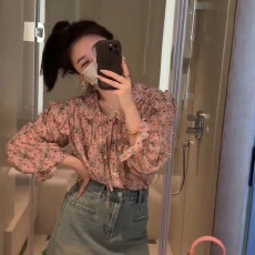 批发法式甜美风碎花褶皱拼接绑带<b class='q'>长袖</b>衬衫女春季港风名媛气质休闲上衣