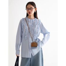 批发气质荷叶边蓝色衬衫<b class='q'>女</b>初春2026<b class='q'>新款</b>法式宽松木耳边衬衣宫廷风上衣