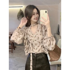 批发韩系温柔风碎花雪纺衬衫<b class='q'>女</b>2025年秋季<b class='q'>新款</b>荷叶边系带V领长袖上衣