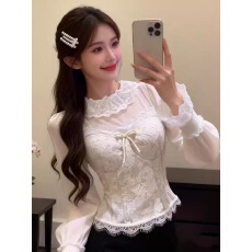批发法式浪漫风网纱蕾丝拼接衬衫<b class='q'>女</b>2026春<b class='q'>新款</b>长袖蝴蝶结收腰显瘦上衣