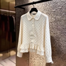 批发大码胖MM法式温柔风波点长袖<b class='q'>衬衫</b>女春季娃娃领荷叶边显瘦百搭上衣