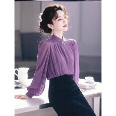 批发2026独特漂亮职场穿搭<b class='q'>ol</b>通勤上衣气质高级感紫色立领<b class='q'>衬衫</b>女春