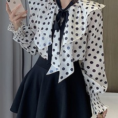 批发HELIAR法式<b class='q'>波点</b><b class='q'>衬衫</b>女荷叶边修身甜美飘带减龄<b class='q'>雪纺</b><b class='q'>衫</b>上衣