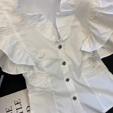 批发法式荷叶边飞飞袖衬衫女夏季2025新款短款<b class='q'>设计</b>感洋气卡腰小衫上衣