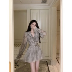 批发夏季温柔清冷感<b class='q'>连衣裙</b>女<b class='q'>印花</b>荷叶边v领设计收腰显瘦灰色长袖短裙
