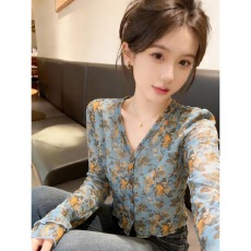 批发复古花边喇叭袖短款V领开衫<b class='q'>长袖</b><b class='q'>T</b><b class='q'>恤</b>外搭薄款网纱设计感空调衫上衣