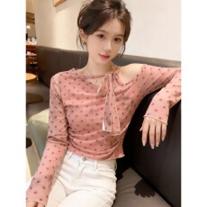 批发晕染波点印花粉色<b class='q'>长袖</b>网纱<b class='q'>T</b><b class='q'>恤</b>春秋斜肩韩系绝美设计好看系带上衣