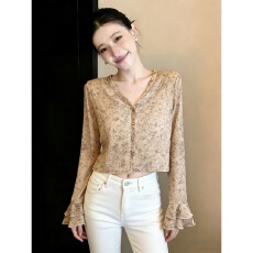 批发气质轻奢漂亮碎花网纱<b class='q'>长袖</b><b class='q'>T</b><b class='q'>恤</b>V领开衫小众穿搭别致短款喇叭袖罩衫