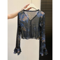 批发早秋辣妹穿搭薄款洋气小众蓝色扎染长袖小外套超好看外搭短款开衫