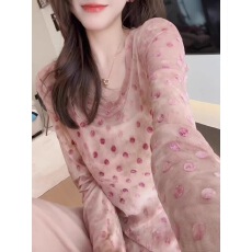 批发韩版波点圆领<b class='q'>长袖</b><b class='q'>T</b><b class='q'>恤</b>女2025春夏新款微透设计感百搭防晒罩衫上衣