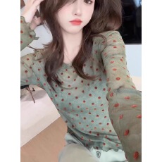 批发港味<b class='q'>长袖</b>高级感印花波点<b class='q'>t</b><b class='q'>恤</b>女款夏季薄防晒罩衫洋气小衫别致上衣
