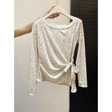 批发秋季穿搭不规则绑带<b class='q'>T</b><b class='q'>恤</b>罩衫时尚设计感印花<b class='q'>长袖</b>双层网纱上衣港式