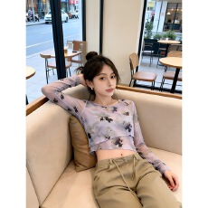 批发法式漂亮气质<b class='q'>长袖</b><b class='q'>T</b><b class='q'>恤</b>女晕染印花网纱透视防晒罩衫不规则空调上衣