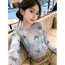 批发辣妹漂亮蝴蝶印花<b class='q'>长袖</b><b class='q'>T</b><b class='q'>恤</b>女晕染网纱透视防晒罩衫收腰显瘦上衣ins