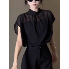 批发黑色薄纱短袖雪纺<b class='q'>衬衫</b>女夏法式立领<b class='q'>蝴蝶结</b>绑带微透视显瘦小衫上衣