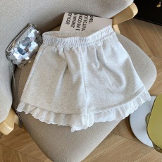 批发蕾丝花边拼接运动休闲短裤女2026新款松紧高腰显瘦百搭宽松阔腿裤