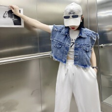 批发韩版不规则<b class='q'>设计</b>感小众牛仔马甲女夏士背心马夹流苏短款上衣宽松潮