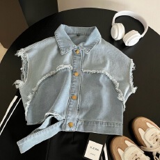 批发撞色无袖短款拼接<b class='q'>衬衫</b>外套女夏装新款设计感拼色破洞毛边<b class='q'>牛仔</b>上衣