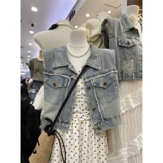 批发小众<b class='q'>设计</b>感春夏季超短款无袖毛边牛仔马甲女辣妹百搭宽松chic马夹