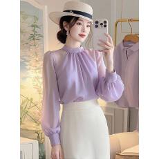 批发雪纺上衣女长袖2026春季新款巨好看女士衬衫轻奢高级感紫色小衫女