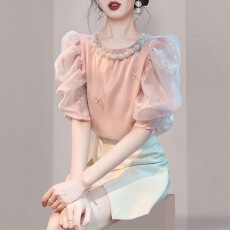 批发韩国chic夏季高级感名媛钉珠<b class='q'>雪纺衫女</b>设计圆领<b class='q'>泡泡袖</b>宽松绣花上衣