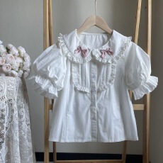 批发洛丽塔娃娃领泡泡袖衬衫Lolita甜美内搭可爱蝴蝶结纯白色打底上衣