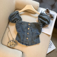 批发新款复古做旧牛仔方口领泡泡短袖衬衫女2026夏季辣妹百搭ins上衣