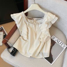 批发法式方领荷叶边飞飞袖蓝衬衫女夏季气质露背系带小衫无袖雪纺上衣