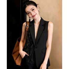 批发黑色<b class='q'>西装</b>马甲女春夏2026新款<b class='q'>韩版</b>拼接雪纺木耳边坎肩中长马夹