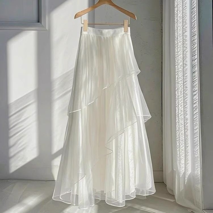프랑스식 고급 센스 화이트 망사 반신 스커트 여성 2026 여름 디자인 센스 고유 한 슈퍼 요정 아름다운 한 마디 롱 스커트
